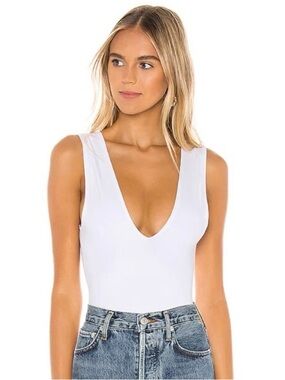 Free People Keep It Sleek Bodysuit in White Deep V Plunge Revolve Size XS